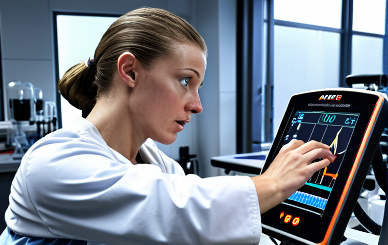 **Athlete in lab:** A sports science laboratory setting. An athlete undergoing a VO2 max test. Modern equipment, data being recorded, scientist/researcher observing. Focus on physiological data collection.