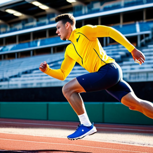 Home 14 A professional male athlete, fully clothed in modest, high-performance athletic wear, intensely engaged in a dynamic sprinting drill on an outdoor track. He exhibits perfect anatomy, correct proportions, and a natural, powerful running pose, with a focused and determined expression. The background features a blurred, sunlit athletic stadium with clear lanes. This image is safe for work, appropriate content, fully clothed, and professional, showcasing high-quality sports photography with natural body proportions and well-formed hands.