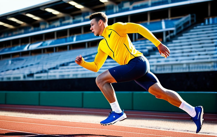 A professional male athlete, fully clothed in modest, high-performance athletic wear, intensely engaged in a dynamic sprinting drill on an outdoor track. He exhibits perfect anatomy, correct proportions, and a natural, powerful running pose, with a focused and determined expression. The background features a blurred, sunlit athletic stadium with clear lanes. This image is safe for work, appropriate content, fully clothed, and professional, showcasing high-quality sports photography with natural body proportions and well-formed hands.