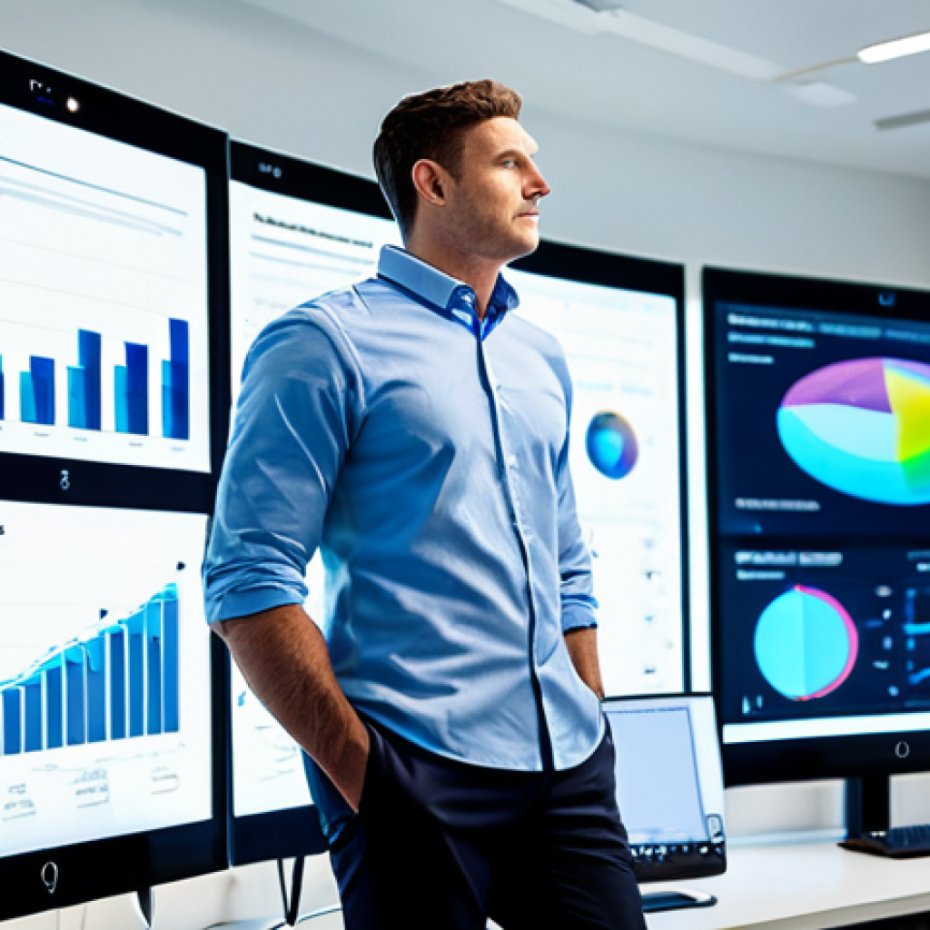 A focused male data scientist, professionally dressed in a crisp button-down shirt and smart trousers, stands in a brightly lit, modern health analytics lab. He is observing a complex data visualization on a large holographic display, depicting muscle recovery metrics and sleep patterns. The lab features sleek, ergonomic furniture and subtle glowing screens. fully clothed, appropriate attire, safe for work, perfect anatomy, correct proportions, natural pose, well-formed hands, proper finger count, natural body proportions, professional photography, high quality, modest, family-friendly.