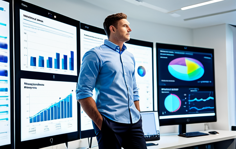 A focused male data scientist, professionally dressed in a crisp button-down shirt and smart trousers, stands in a brightly lit, modern health analytics lab. He is observing a complex data visualization on a large holographic display, depicting muscle recovery metrics and sleep patterns. The lab features sleek, ergonomic furniture and subtle glowing screens. fully clothed, appropriate attire, safe for work, perfect anatomy, correct proportions, natural pose, well-formed hands, proper finger count, natural body proportions, professional photography, high quality, modest, family-friendly.