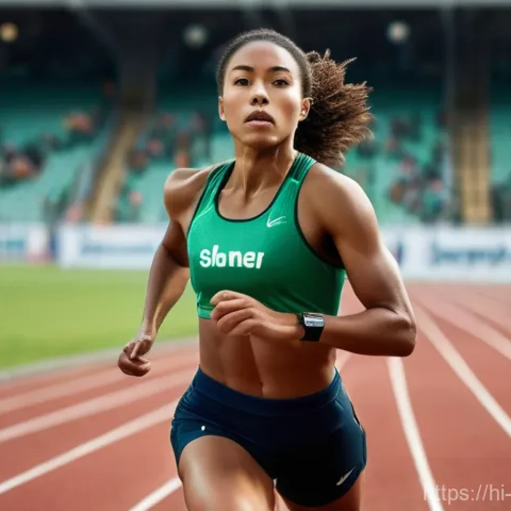 스포츠 약물과 도핑 - **Prompt:** A young, determined female sprinter, mid-race on a track, her face etched with intense f...