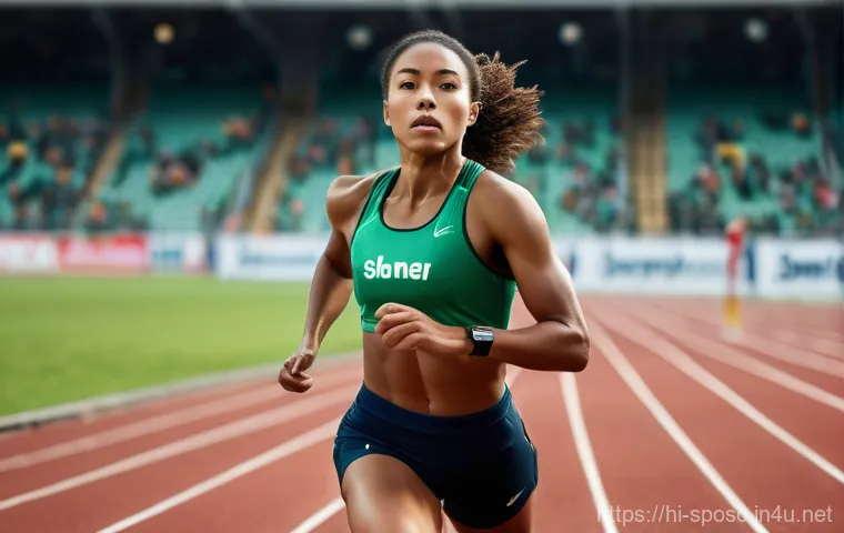 스포츠 약물과 도핑 - **Prompt:** A young, determined female sprinter, mid-race on a track, her face etched with intense f...