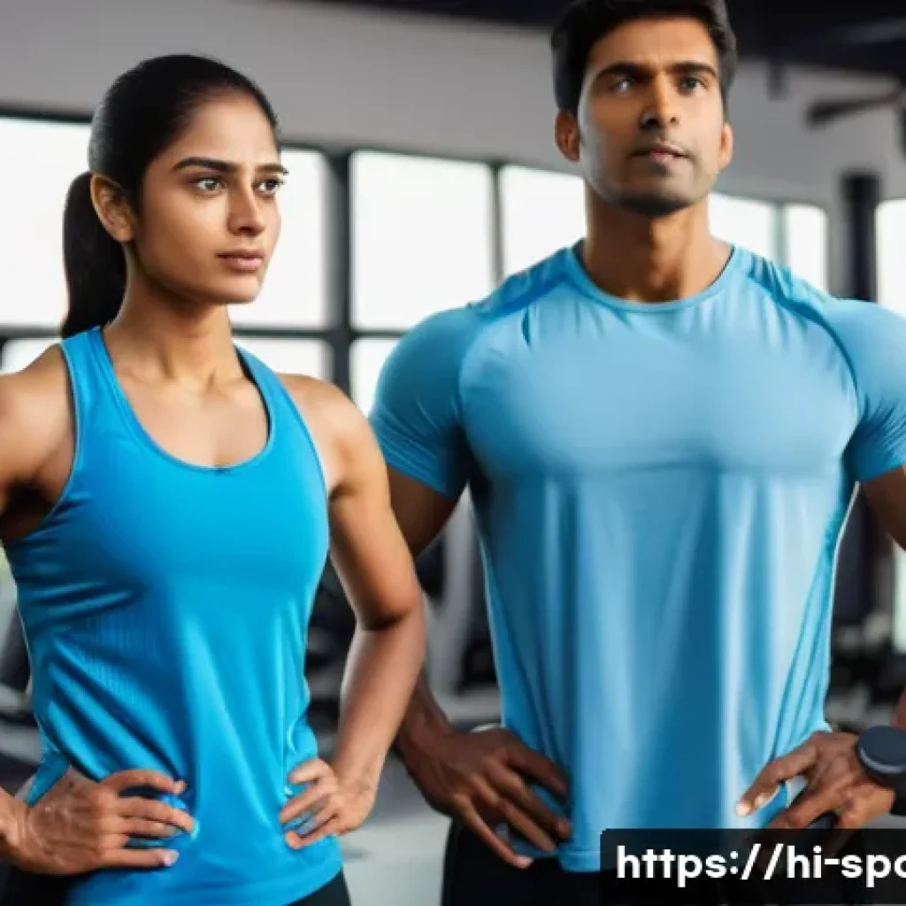 운동 적정 강도 - A detailed scene of a diverse group of Hindi-speaking adults in a modern gym setting, focusing on un...