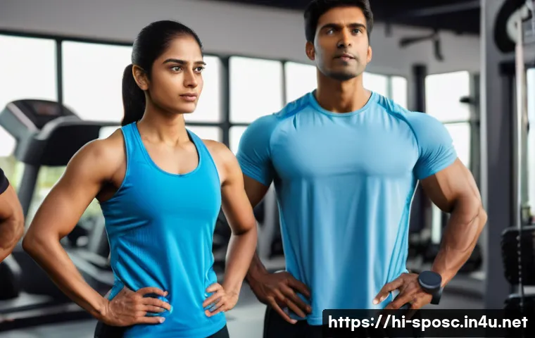 운동 적정 강도 - A detailed scene of a diverse group of Hindi-speaking adults in a modern gym setting, focusing on un...