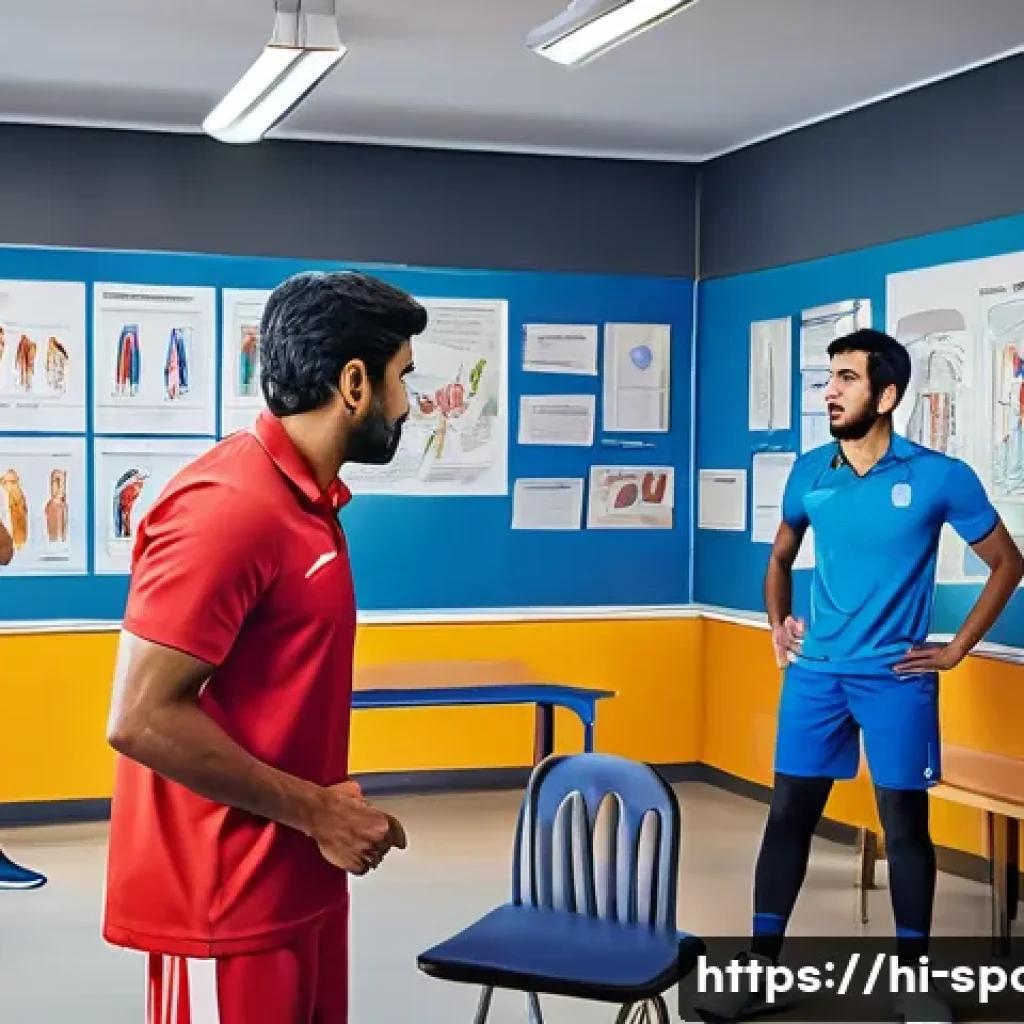 스포츠 과학 자격증 취득 - A detailed and vibrant illustration of a sports science classroom where a diverse group of young Ind...