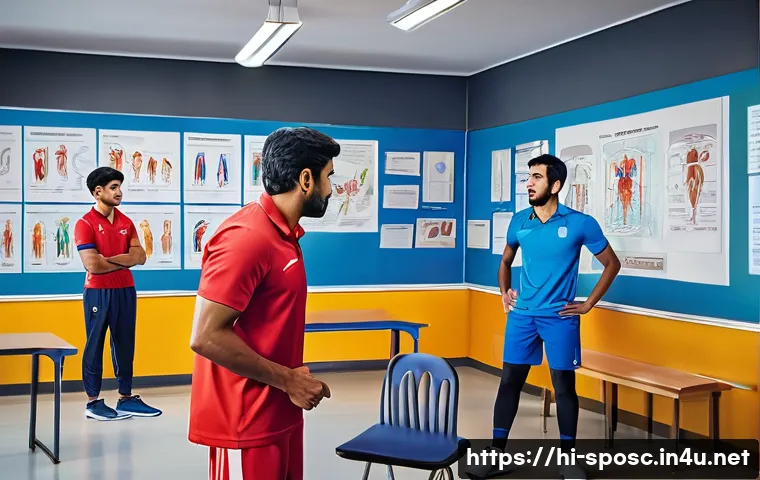 스포츠 과학 자격증 취득 - A detailed and vibrant illustration of a sports science classroom where a diverse group of young Ind...