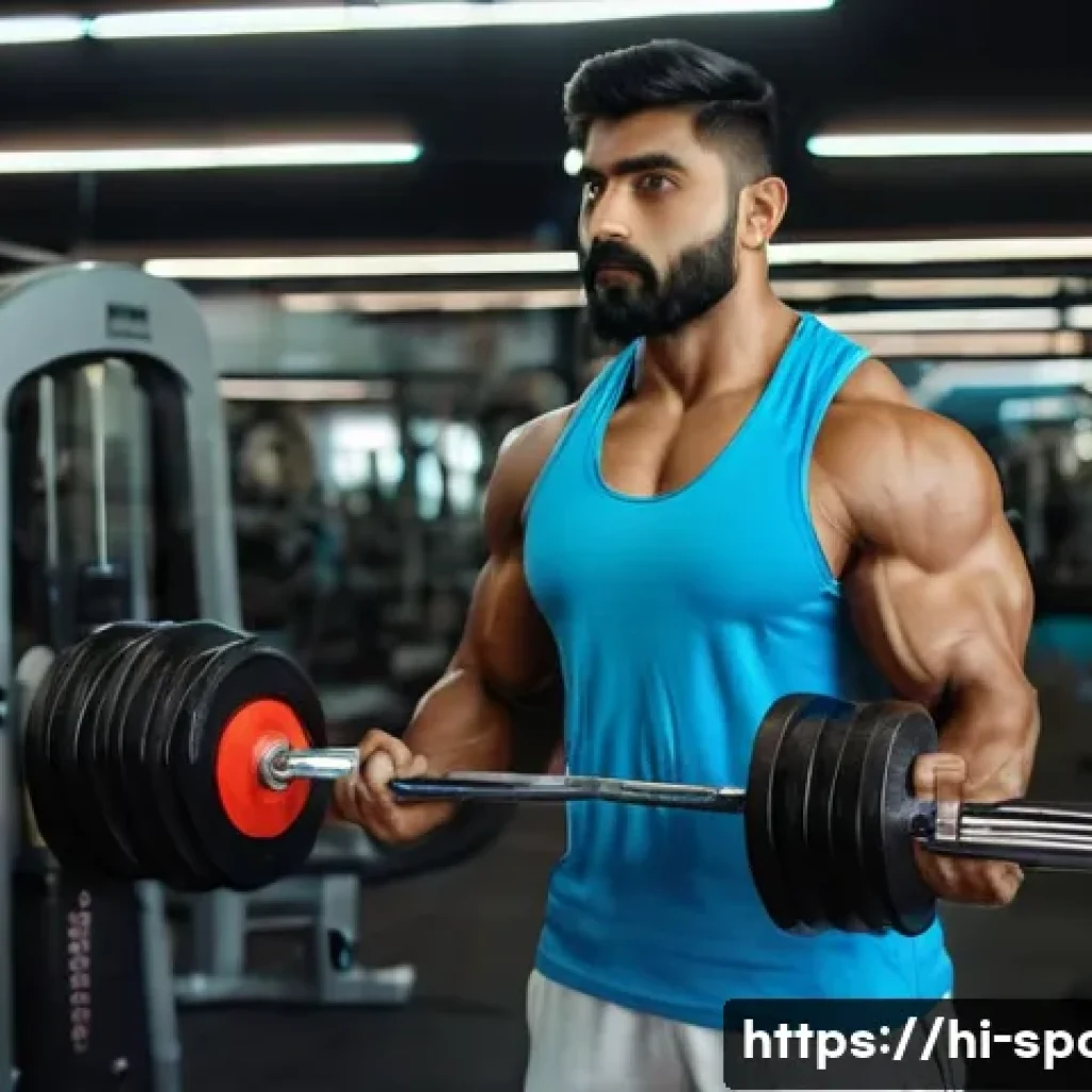 근육량 증가 훈련 - A muscular Indian man in his late 20s performing a free weights workout with dumbbells and barbells ...