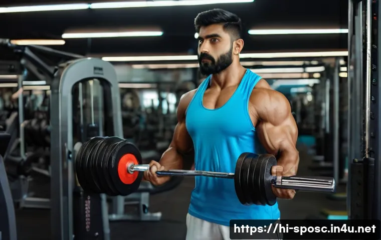 근육량 증가 훈련 - A muscular Indian man in his late 20s performing a free weights workout with dumbbells and barbells ...