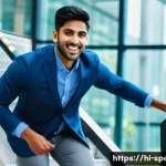 운동 및 영양 - A vibrant scene showing a young Indian man in casual office attire, wearing comfortable shoes, energ...