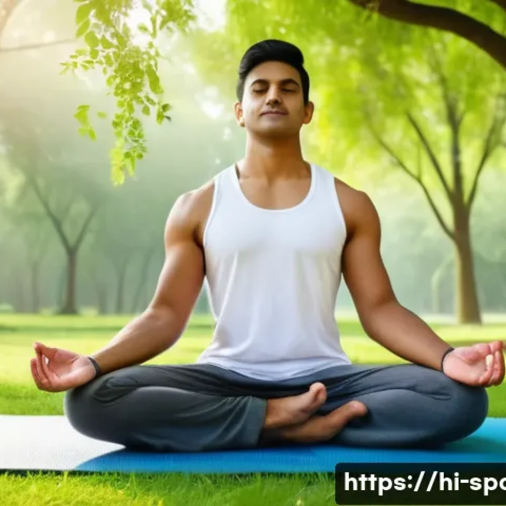 운동과 성과의 상관관계 - A serene early morning park scene featuring a young Indian man dressed in comfortable athletic wear ...