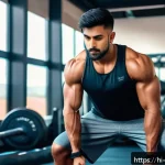피지컬 트레이닝 과학적 접근 - A focused young Indian man performing a deep squat in a modern gym setting, wearing proper athletic ...