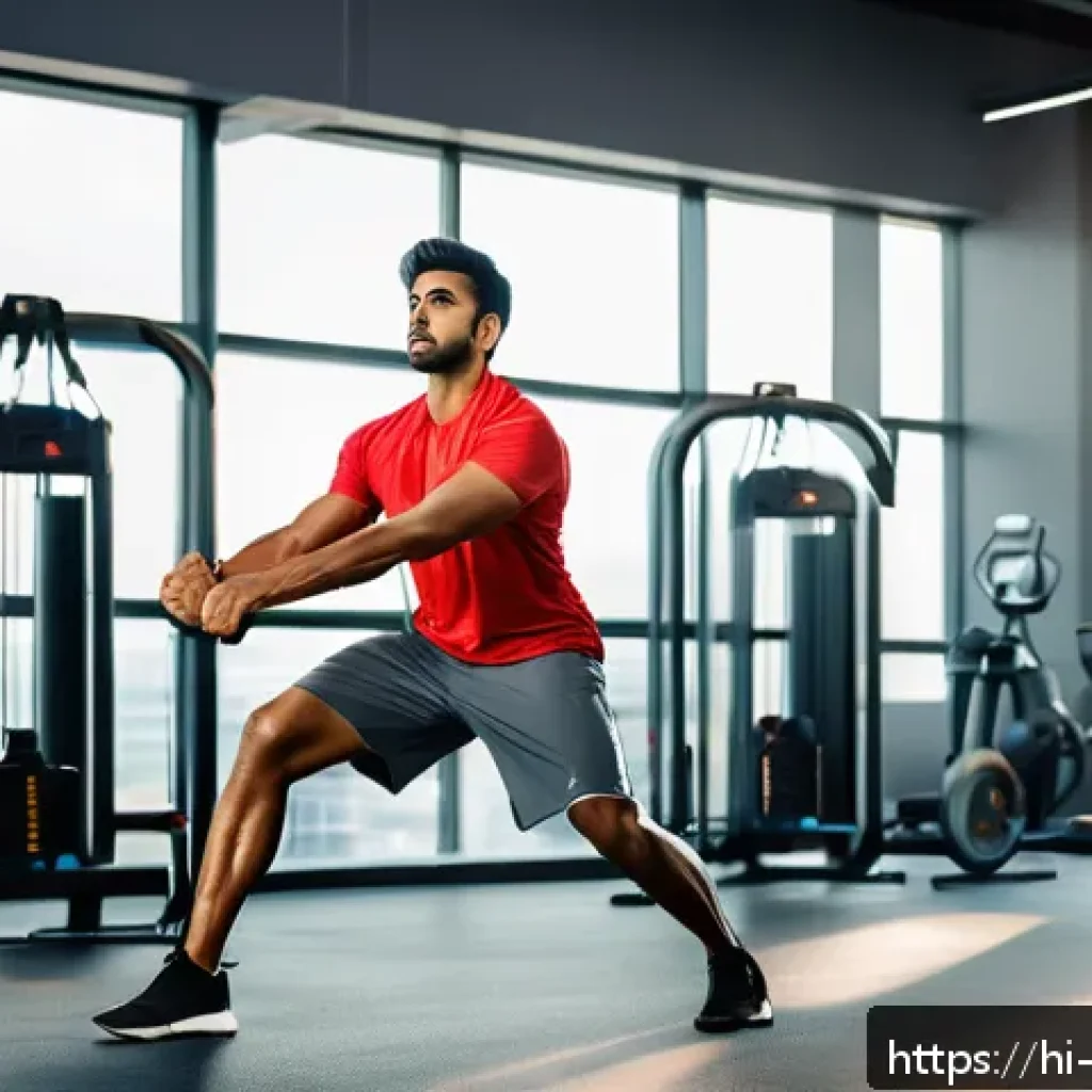 부상 예방 훈련 - A dynamic warm-up scene featuring a young Indian man in workout attire performing leg swings and arm...