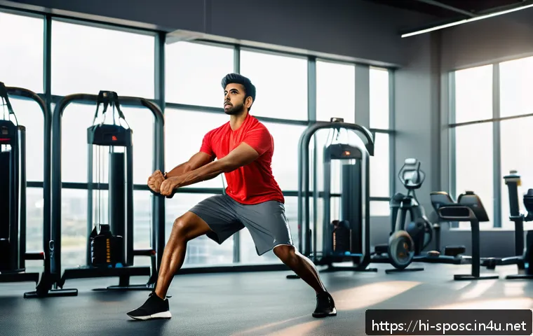 부상 예방 훈련 - A dynamic warm-up scene featuring a young Indian man in workout attire performing leg swings and arm...