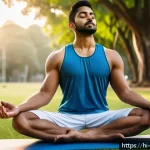 스포츠심리학 연구 - A focused Indian male athlete in mid-20s practicing mindfulness meditation outdoors in a serene park...
