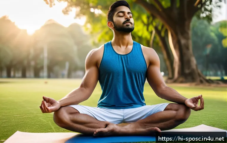스포츠심리학 연구 - A focused Indian male athlete in mid-20s practicing mindfulness meditation outdoors in a serene park...