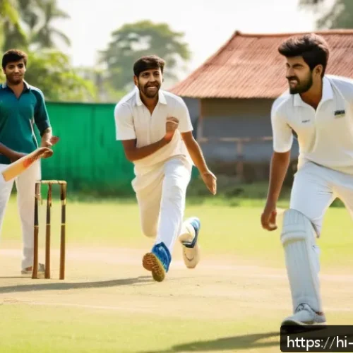 자아존중감과 스포츠 - A vibrant scene of a diverse group of young Indian adults playing cricket on a sunny day in a villag...