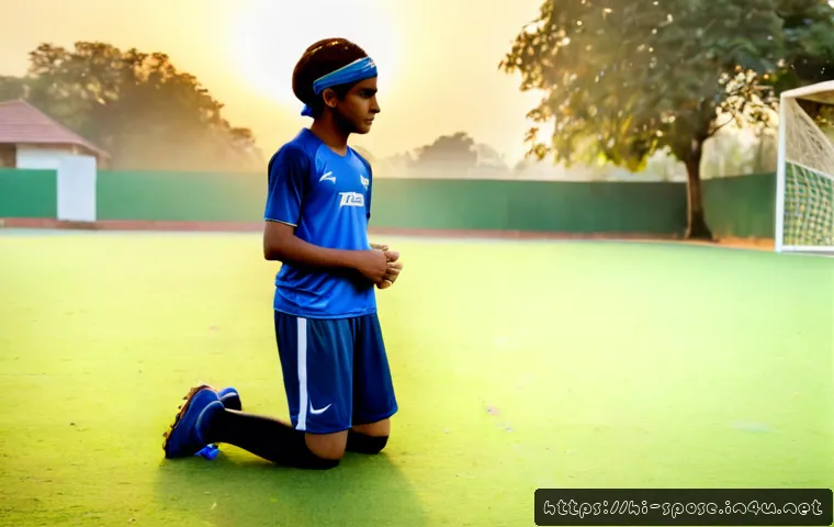 스포츠 사고 예방 - Photorealistic Indian teenage football player wearing a helmet-like protective headband, shin guards...